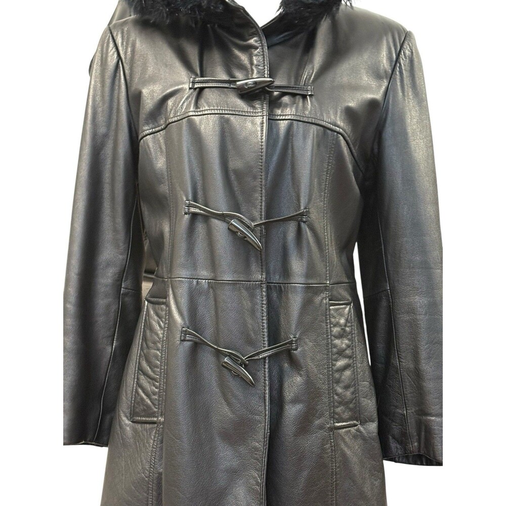 Vintage Wilsons Leather Maxima Black Leather Faux Fur Hood Toggle Coat M - Picture 5 of 16